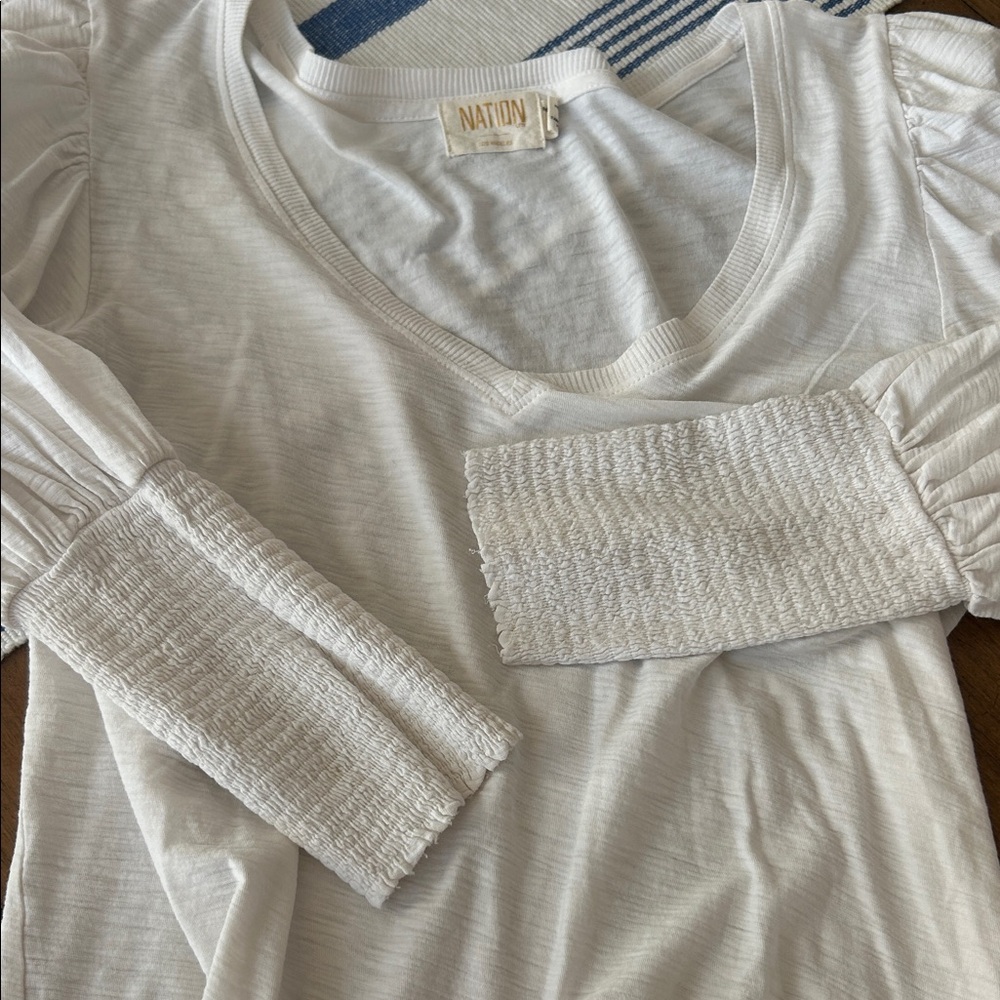 Nation LTD White Rouche Sleeve Top M
